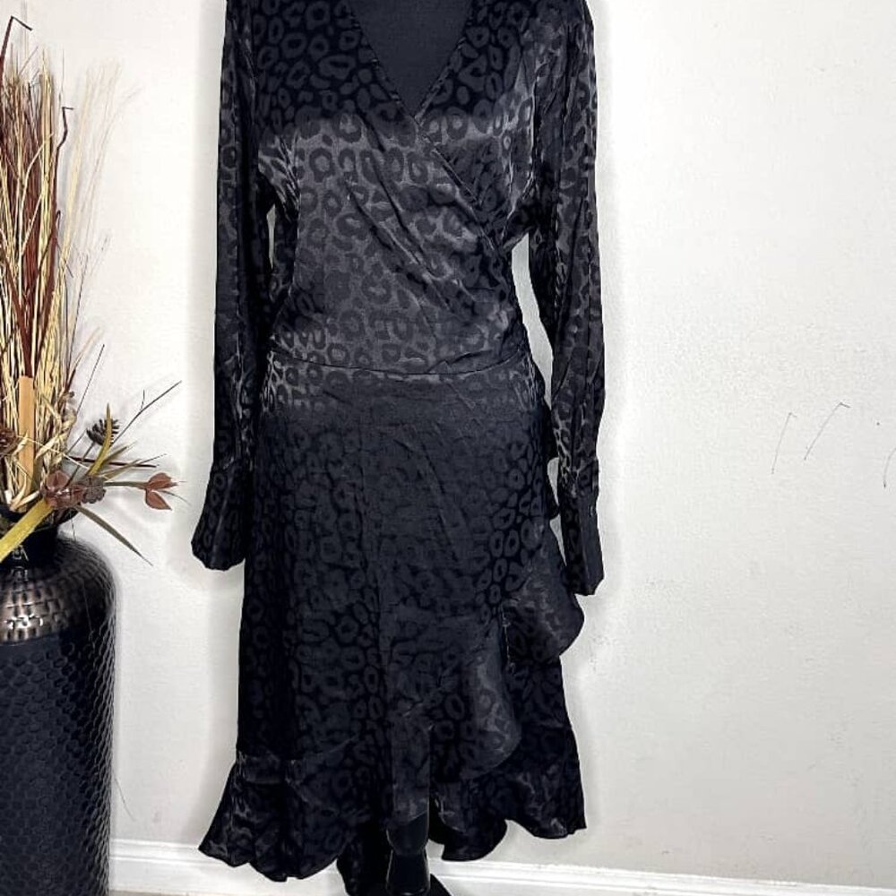 Black Satin Leopard Frill Hem Dress